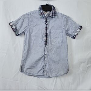 Masala Kids Boys Blue‎ White Stiped Micro Dot Short Sleeve Button Down Size 6Y